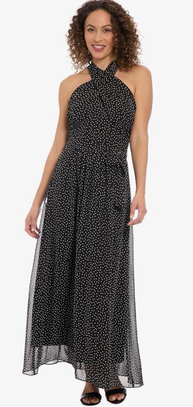 London Times Women's Halter Neck Maxi Dress with Sheer Overlay NWT Size 10P